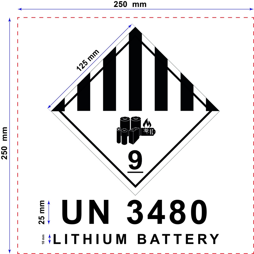 ETIQUETA CLASE 9A + TEXTO UN 3480 LITHIUM BATTERY 250X250 MM POLIPROPILENO - BOBINA