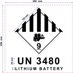 [PP-SM-2549] ETIQUETA CLASE 9A + TEXTO UN 3480 LITHIUM BATTERY 250X250 MM POLIPROPILENO - BOBINA